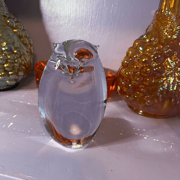 Vintage Handmade Clear Glass Owl Paperweight - Picture 1 of 7